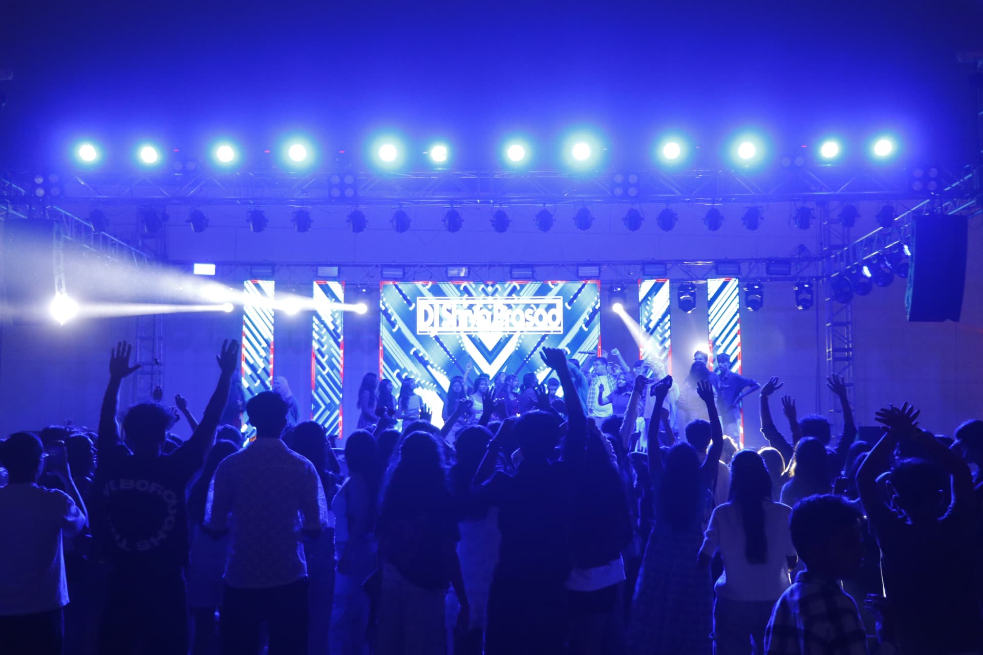 Crowd facing an illuminated Fiesta concert stage with performers and blue lighting