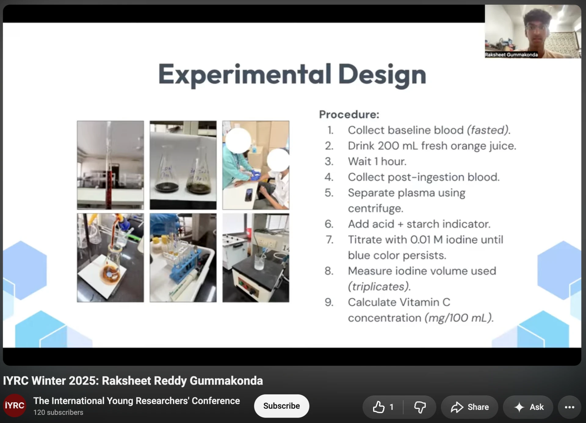 IYRC Winter 2025 presentation by Raksheet Gummakonda: the Experimental Design slide for the plasma antioxidant capacity study, showing the titration procedure and the speaker on camera