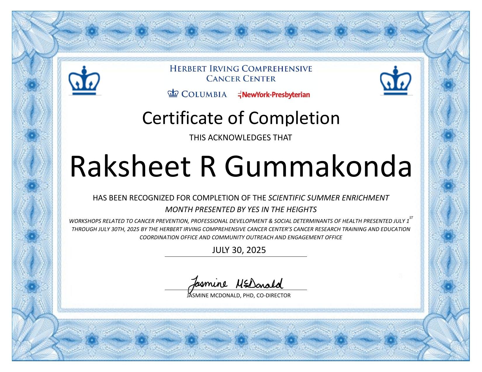 Certificate for Raksheet Gummakonda’s completion of Columbia Scientific Enrichment Month