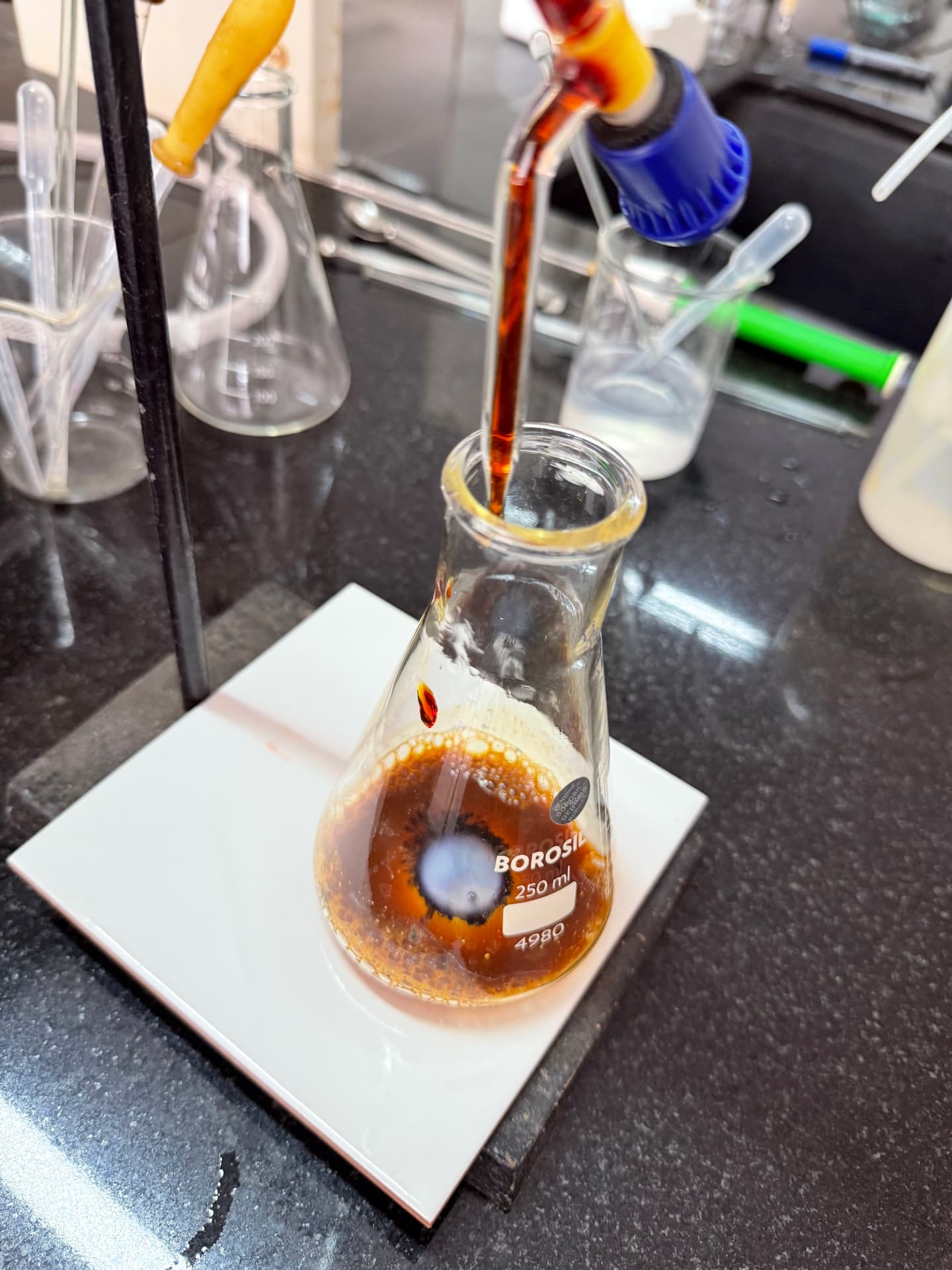 Iodometric titration of a plasma sample in a conical flask