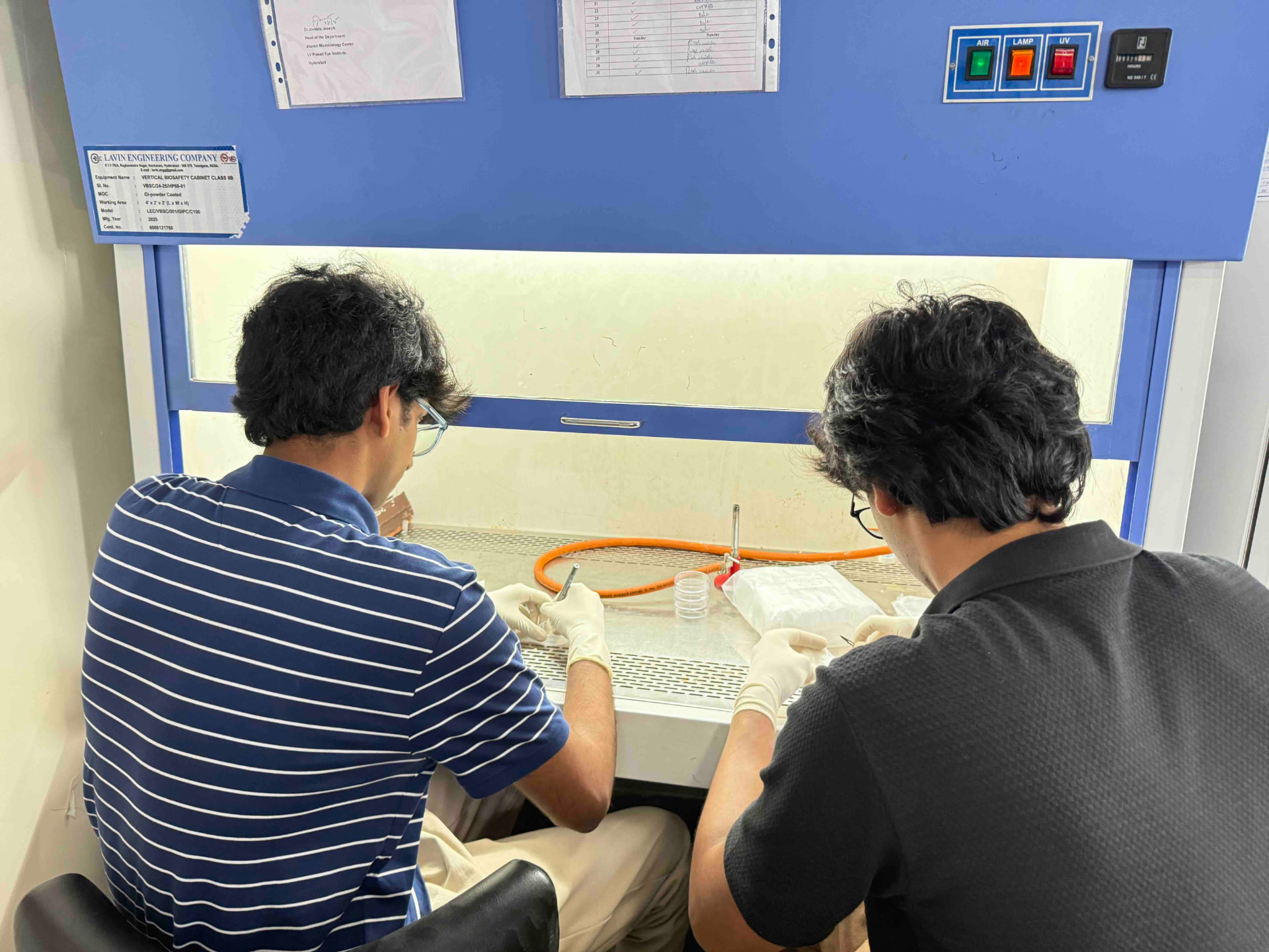 Raksheet Gummakonda working at a biosafety cabinet during LVPEI microbiology research