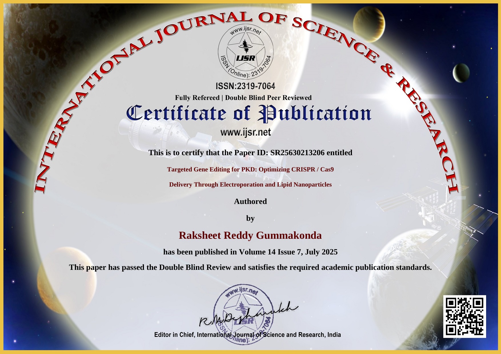IJSR Certificate of Publication for the PKD research paper