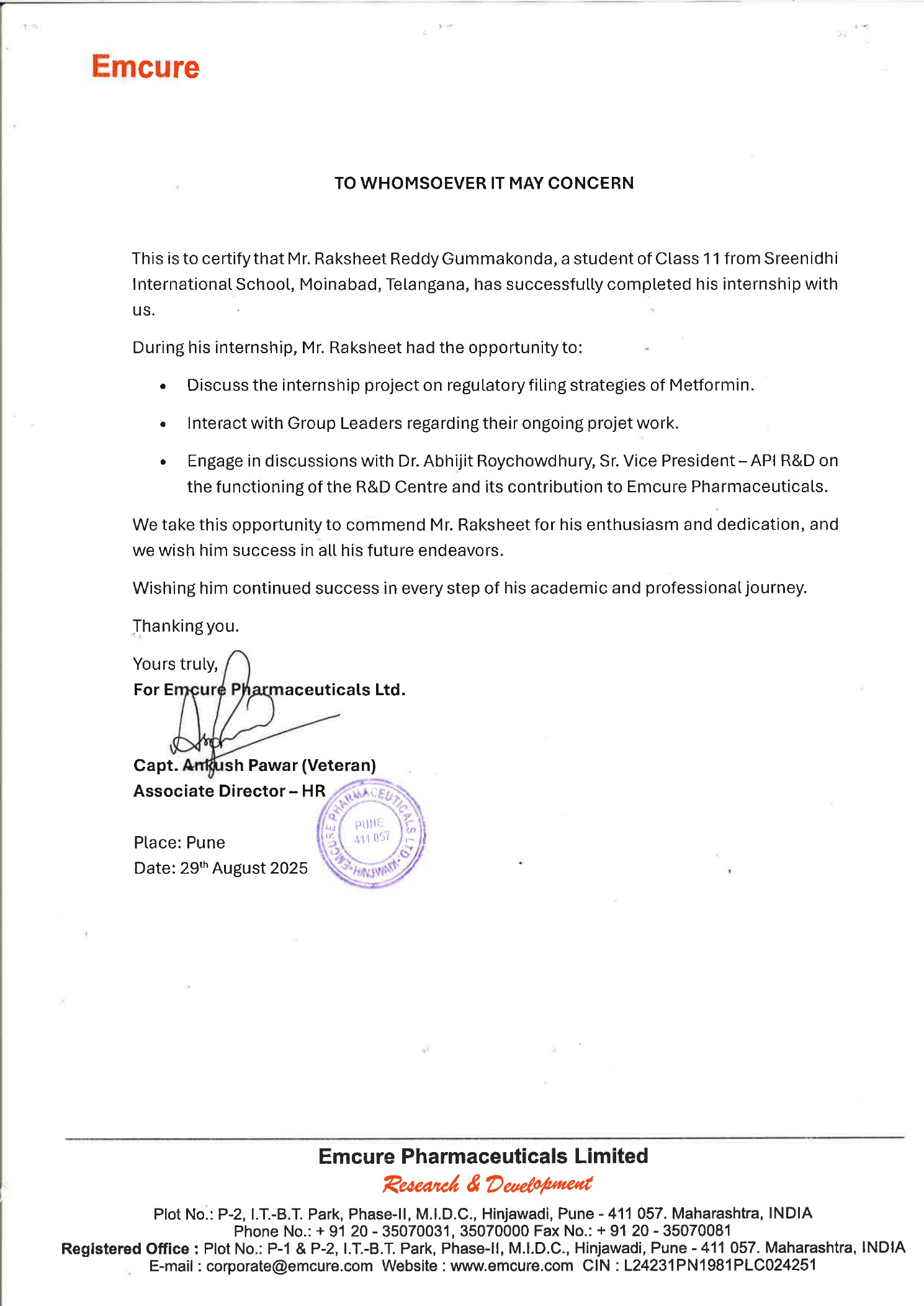 Emcure Pharmaceuticals letter confirming Raksheet Gummakonda's internship