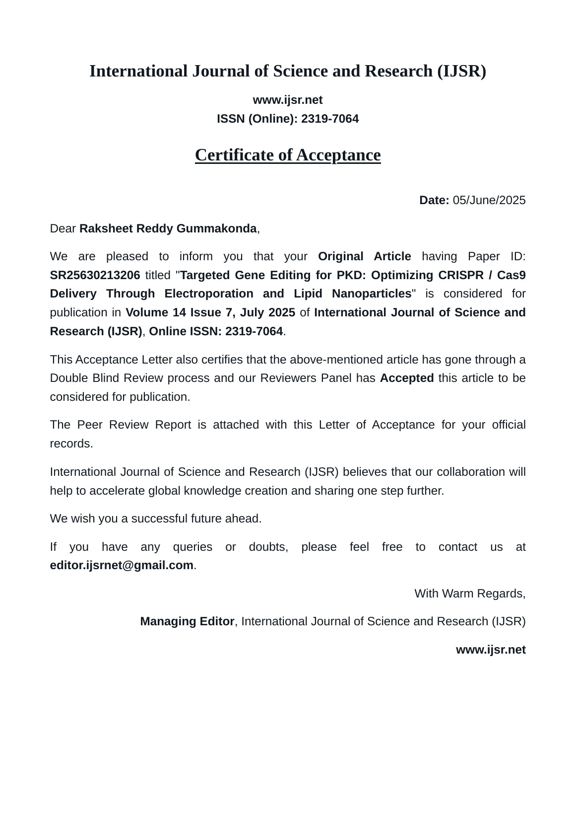 IJSR Paper Acceptance Letter for the PKD research paper